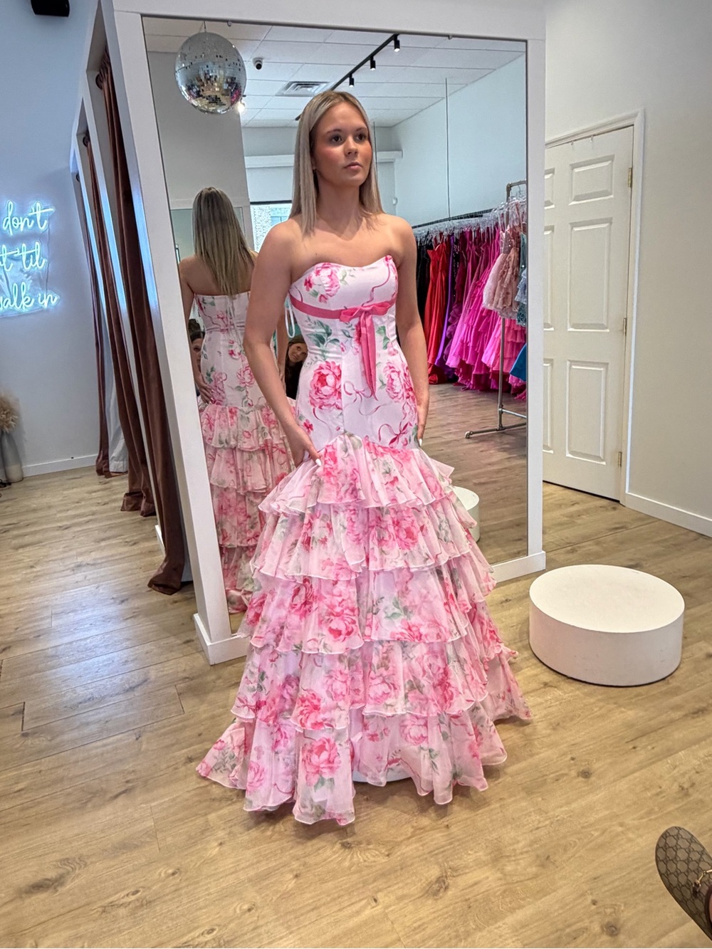 Sherri Hill White and Pink Floral Strapless Ruffled Prom Gown - Picture 2 of 2